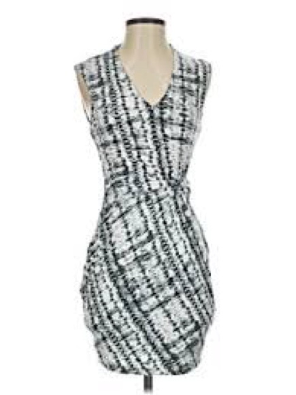 Lemon Tart Soft Sleeveless Black & White Twist-Front Ruched Dress Abstract Print